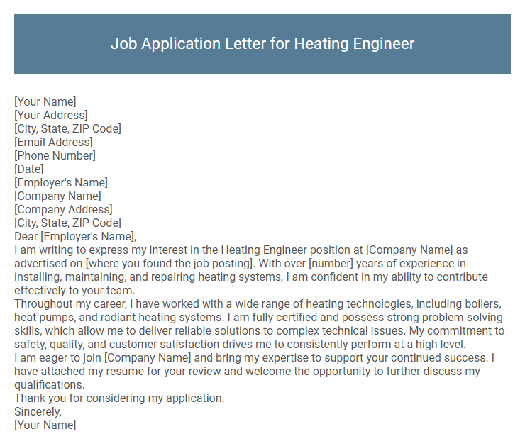 Job Application Letter for Heating Engineer