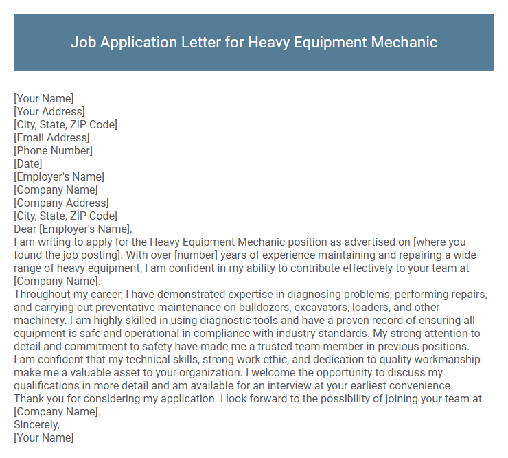 Job Application Letter for Heavy Equipment Mechanic