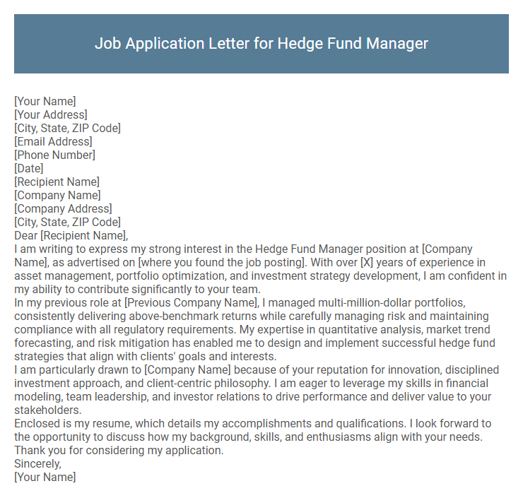 Job Application Letter for Hedge Fund Manager