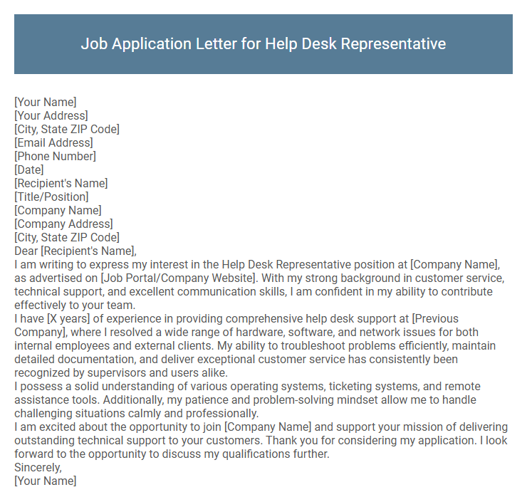 Job Application Letter for Help Desk Representative