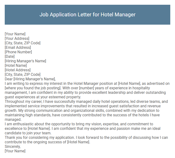 Job Application Letter for Hotel Manager