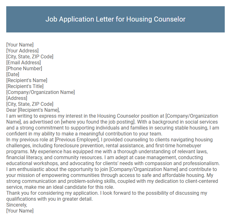 Job Application Letter for Housing Counselor