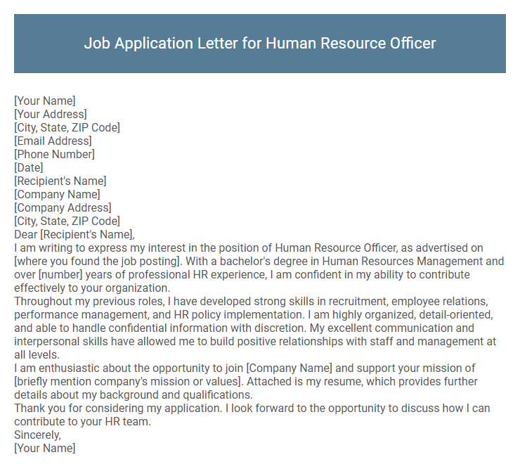 Job Application Letter for Human Resource Officer