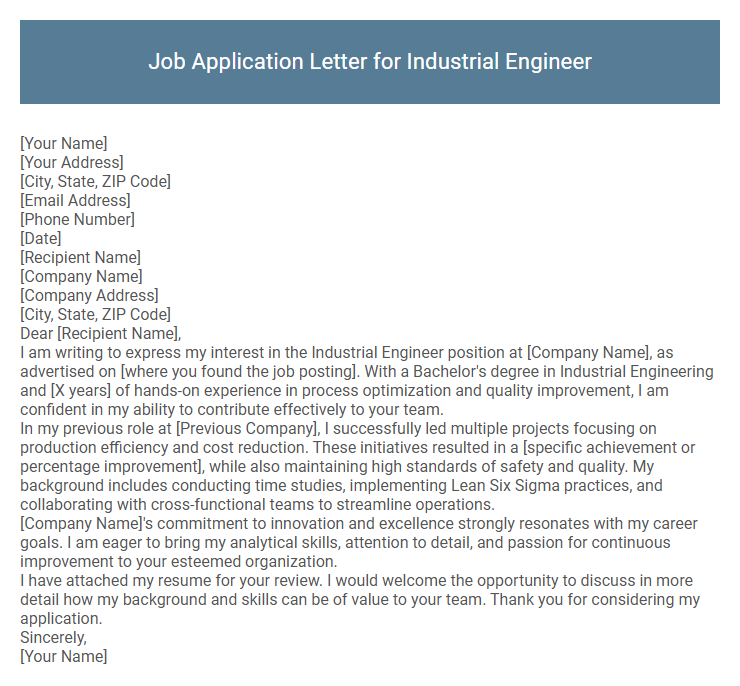 Job Application Letter for Industrial Engineer