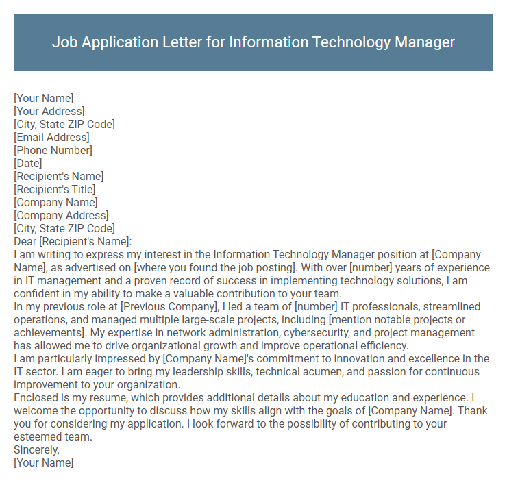 Job Application Letter for Information Technology Manager