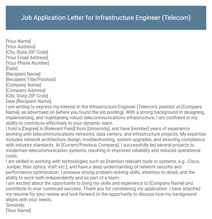 Job Application Letter for Infrastructure Engineer (Telecom)