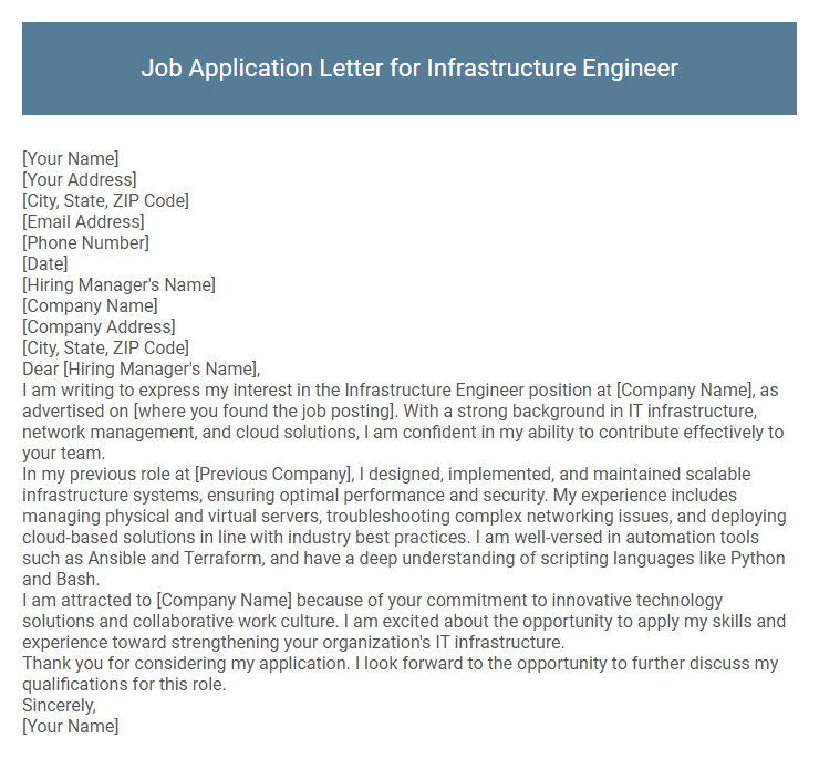 Job Application Letter for Infrastructure Engineer