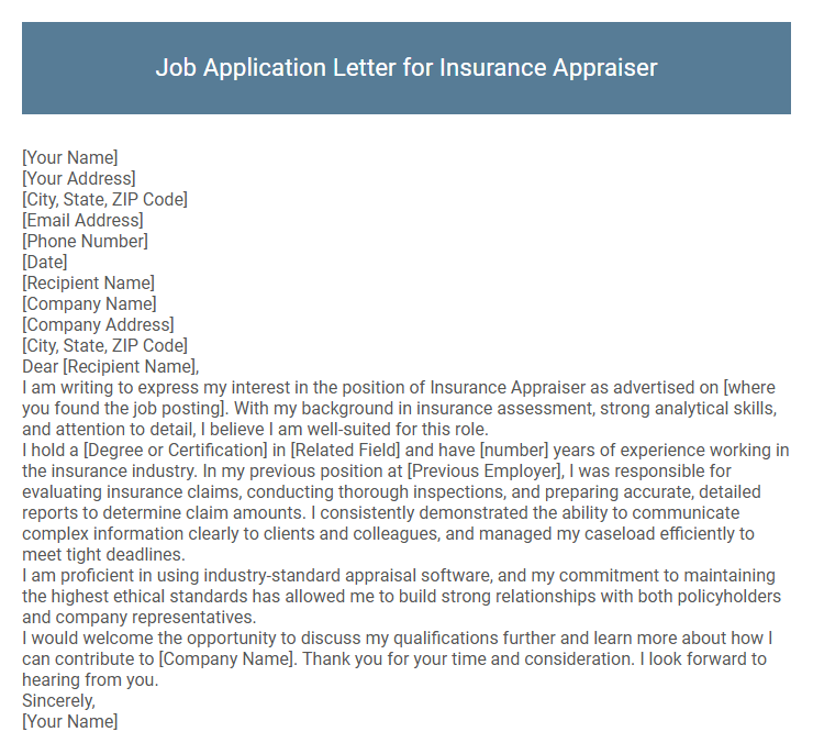 Job Application Letter for Insurance Appraiser