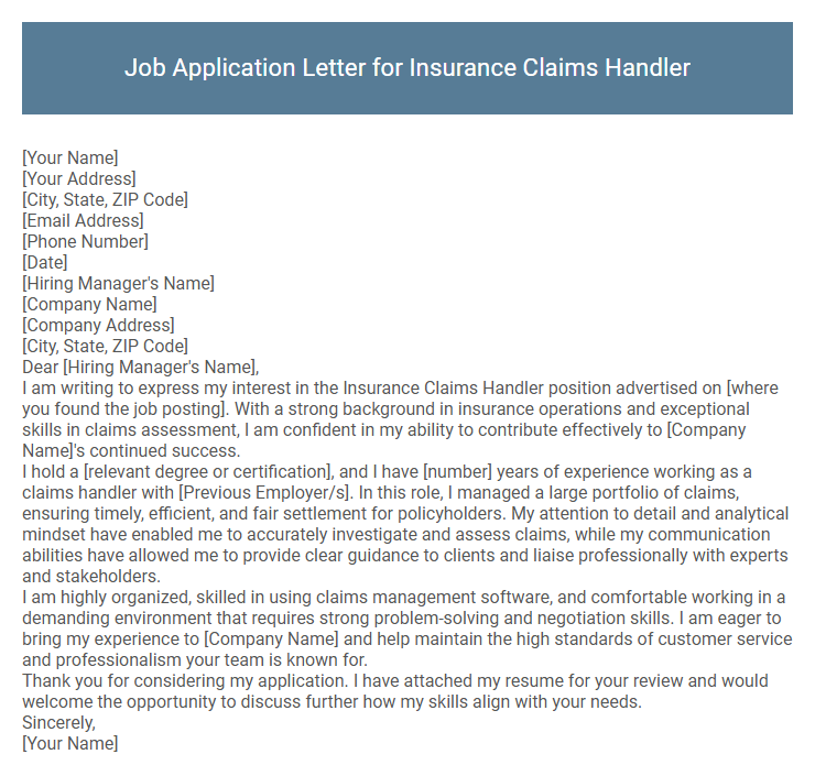 Job Application Letter for Insurance Claims Handler