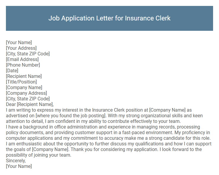 Job Application Letter for Insurance Clerk