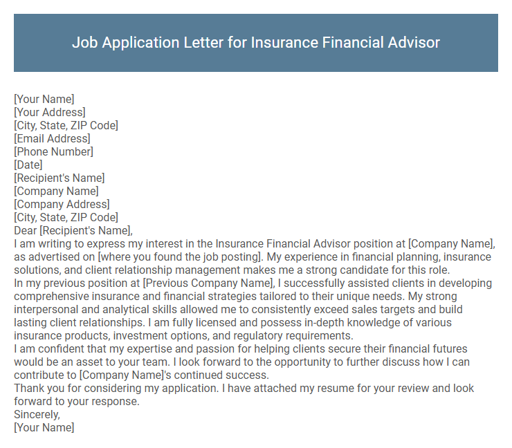 Job Application Letter for Insurance Financial Advisor