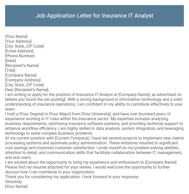 Job Application Letter for Insurance IT Analyst