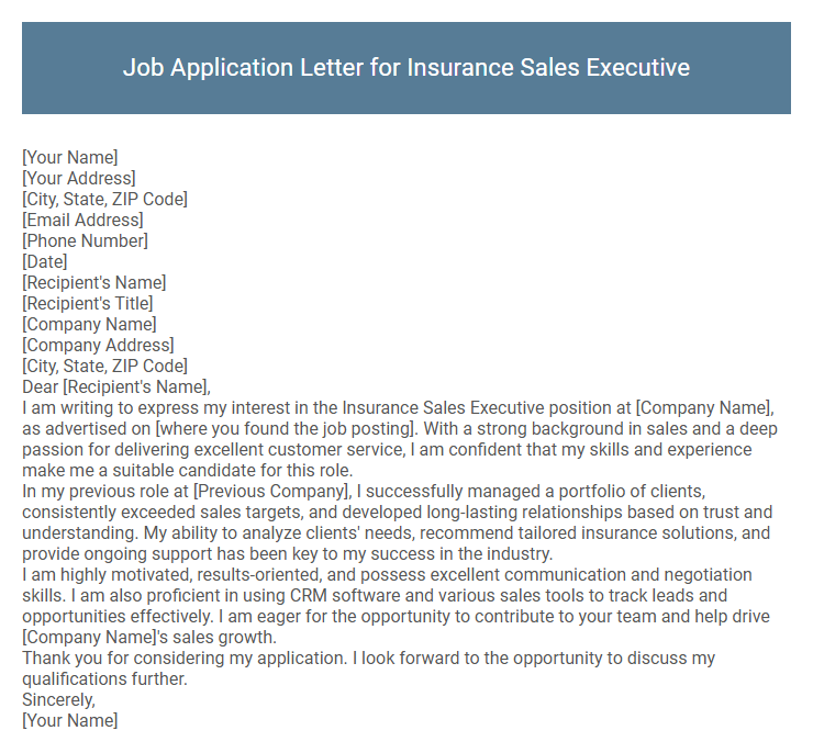 Job Application Letter for Insurance Sales Executive