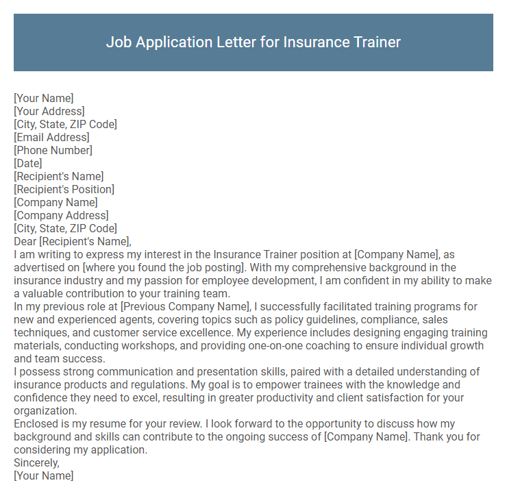 Job Application Letter for Insurance Trainer