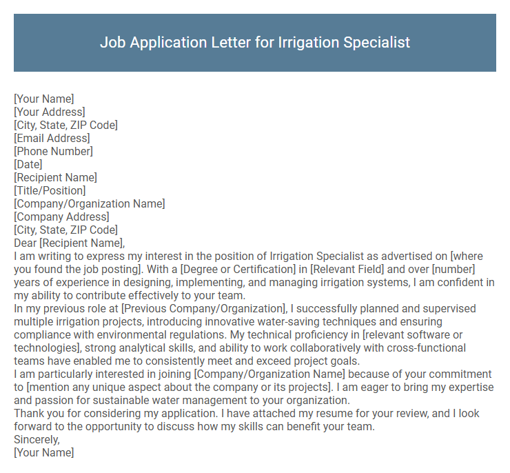 Job Application Letter for Irrigation Specialist