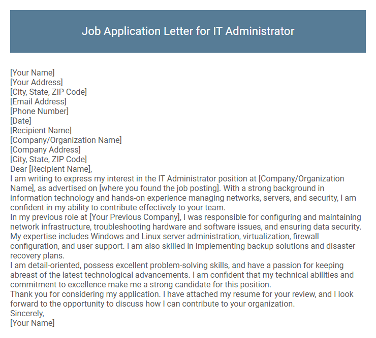 Job Application Letter for IT Administrator