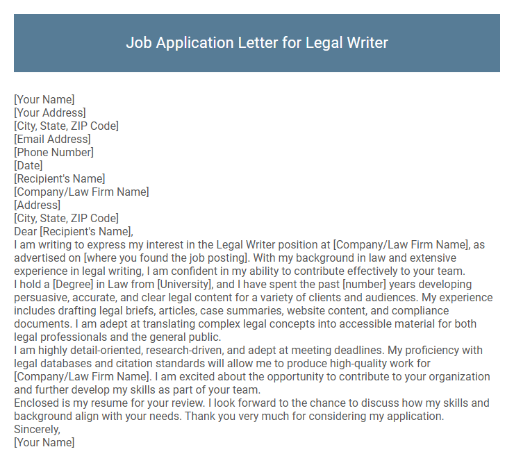 Job Application Letter for Legal Writer