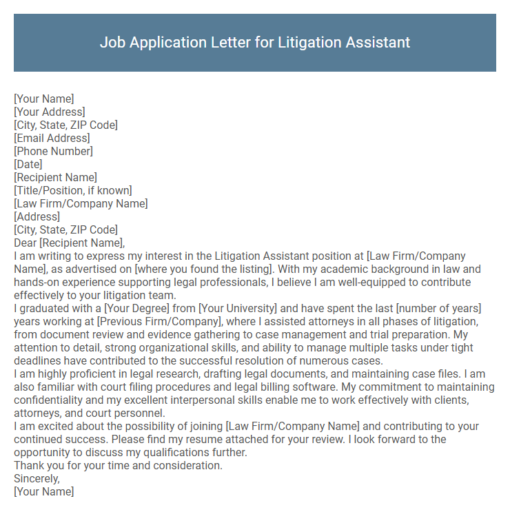 Job Application Letter for Litigation Assistant