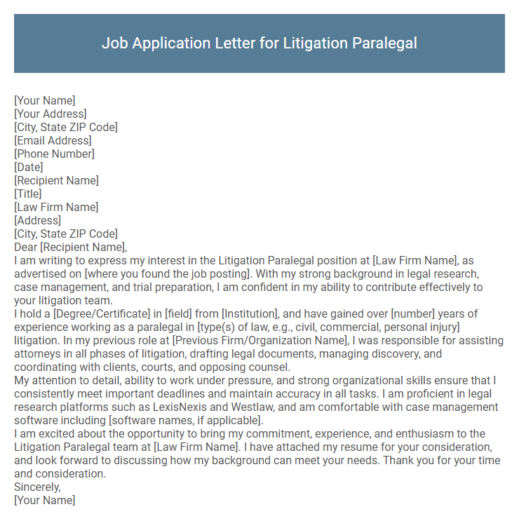 Job Application Letter for Litigation Paralegal
