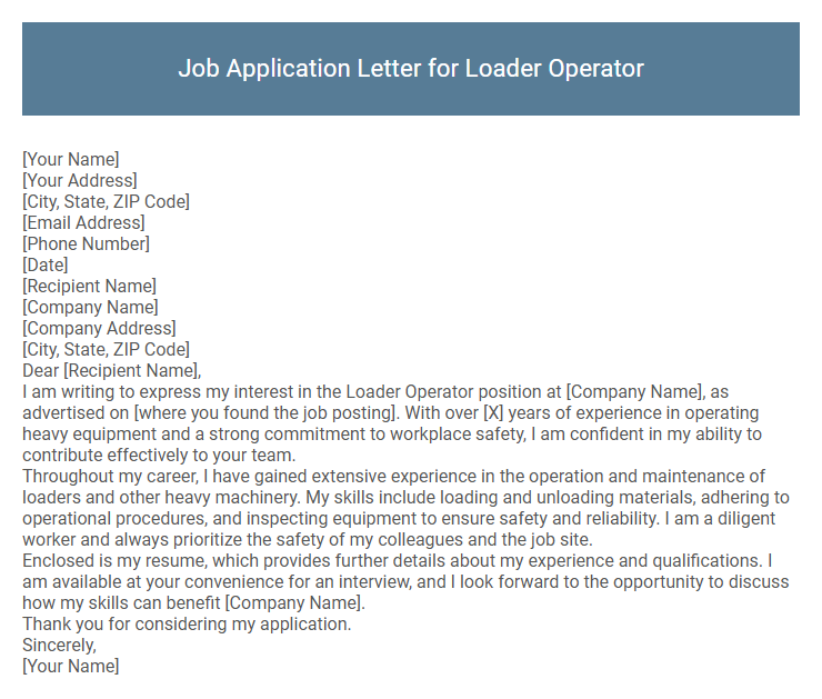Job Application Letter for Loader Operator