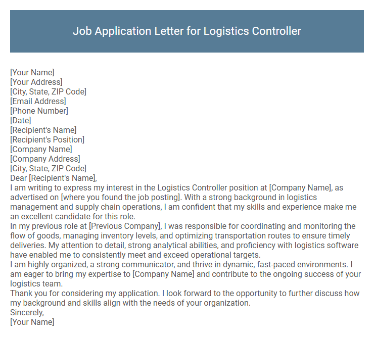 Job Application Letter for Logistics Controller