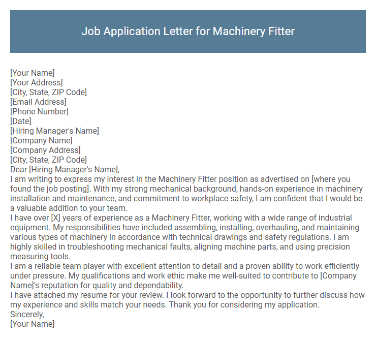 Job Application Letter for Machinery Fitter