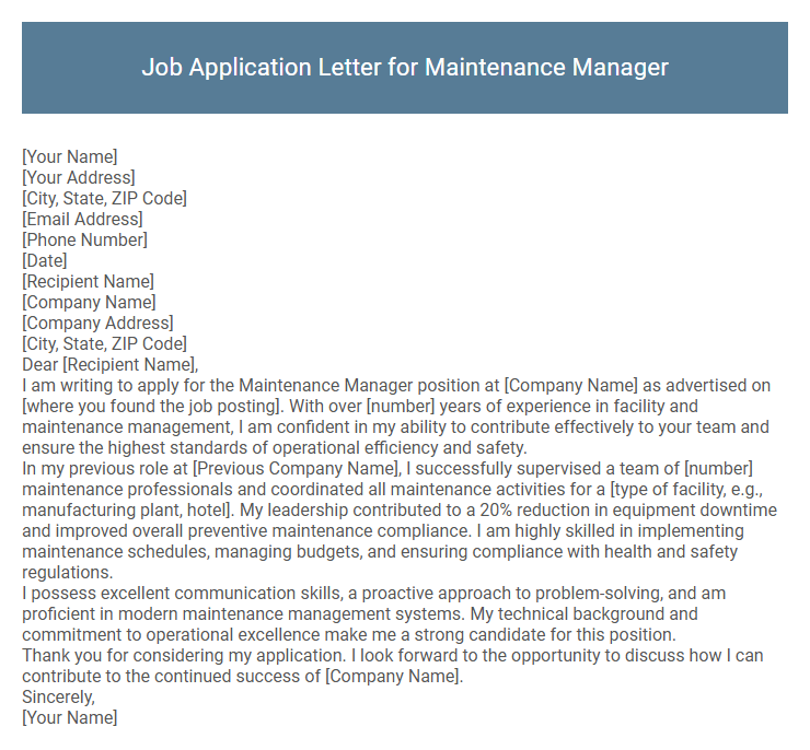 Job Application Letter for Maintenance Manager