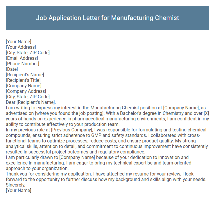 Job Application Letter for Manufacturing Chemist