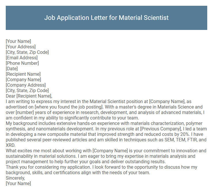 Job Application Letter for Material Scientist