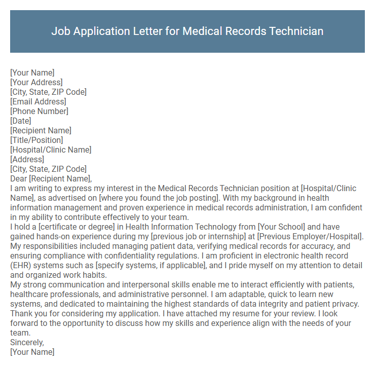 Job Application Letter for Medical Records Technician