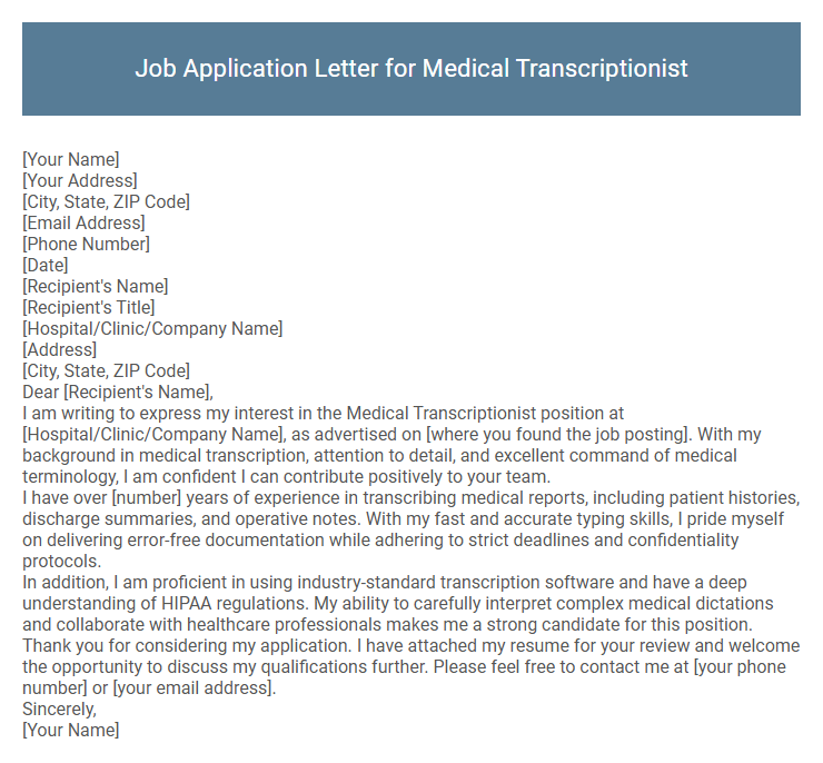 Job Application Letter for Medical Transcriptionist