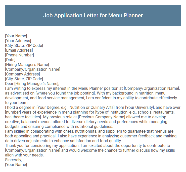 Job Application Letter for Menu Planner
