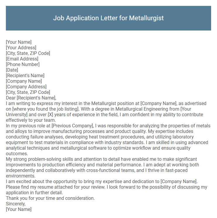 Job Application Letter for Metallurgist
