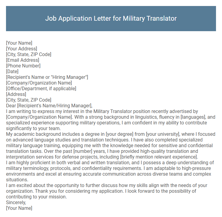 Job Application Letter for Military Translator