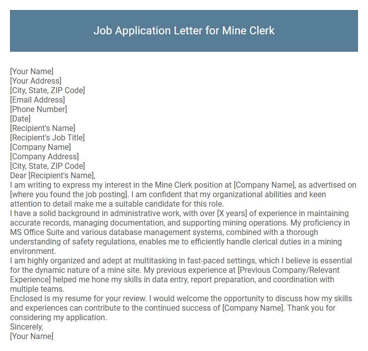 Job Application Letter for Mine Clerk