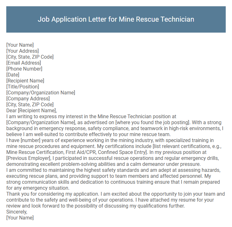 Job Application Letter for Mine Rescue Technician