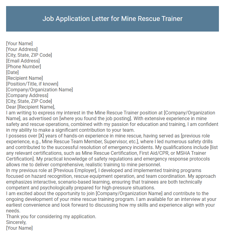 Job Application Letter for Mine Rescue Trainer