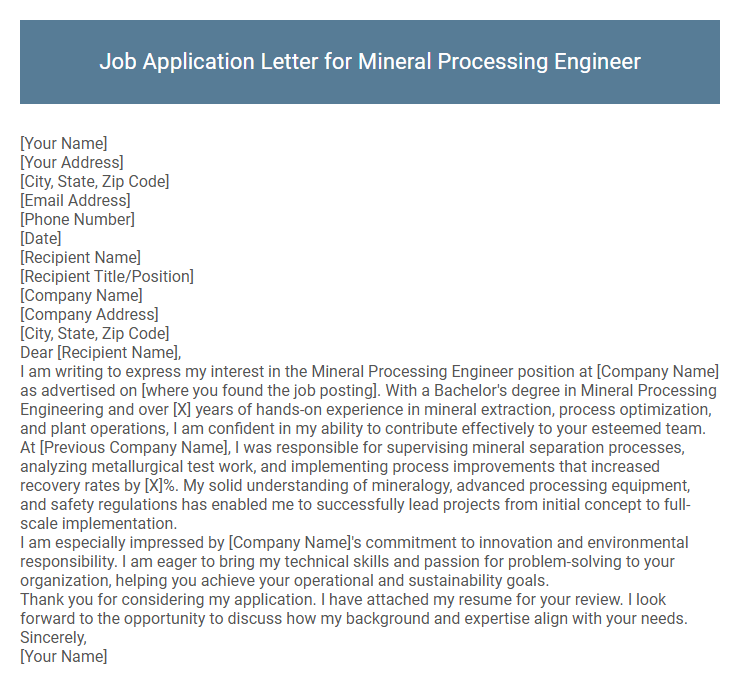 Job Application Letter for Mineral Processing Engineer