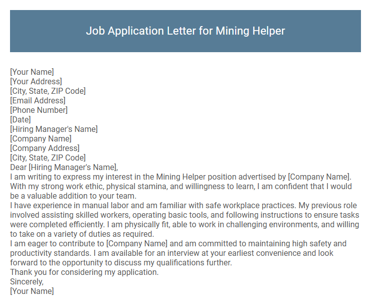 Job Application Letter for Mining Helper