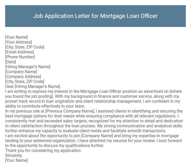 Job Application Letter for Mortgage Loan Officer