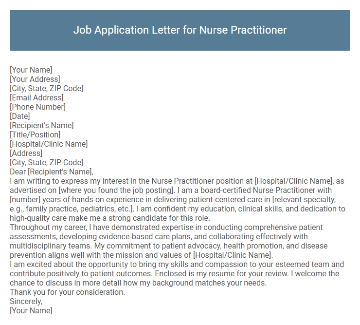 Job Application Letter for Nurse Practitioner