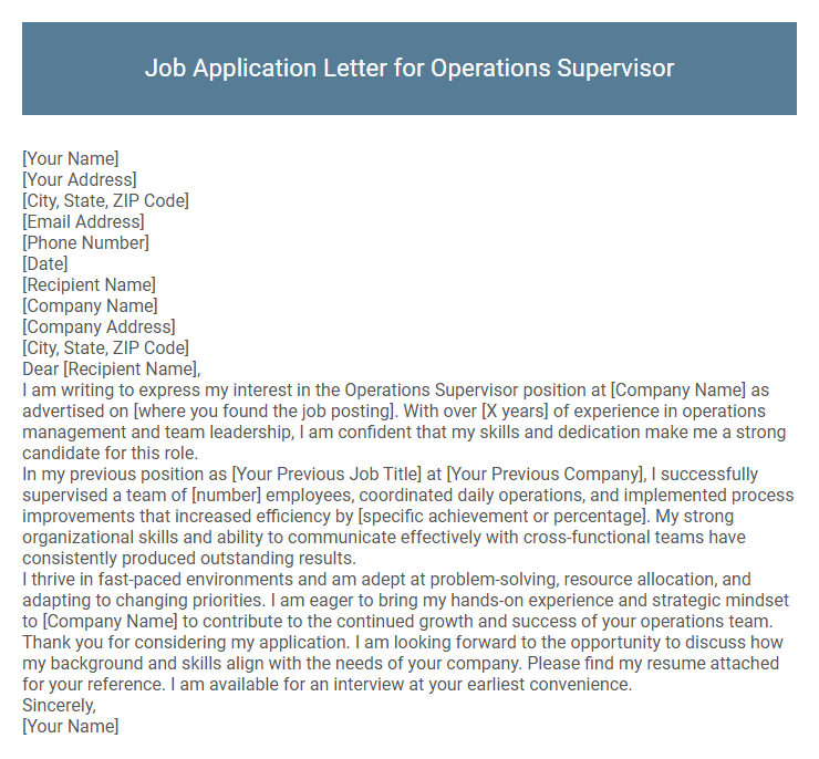 Job Application Letter for Operations Supervisor