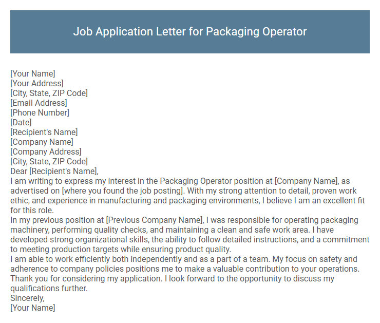 Job Application Letter for Packaging Operator