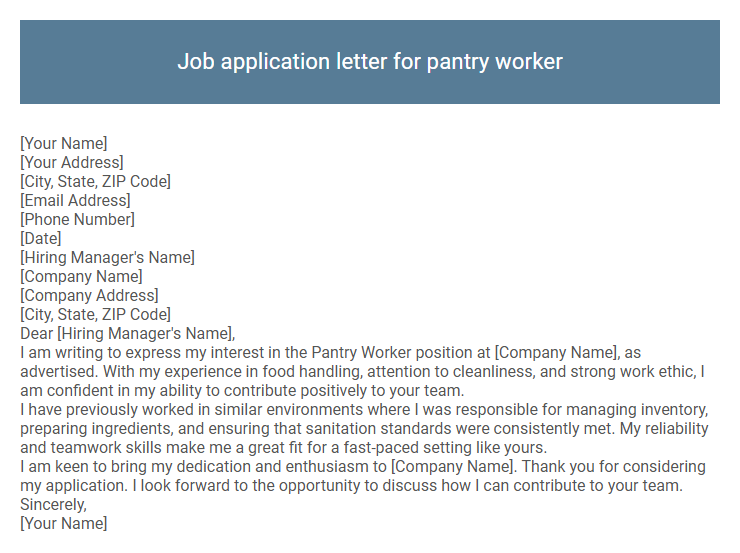 Job application letter for pantry worker