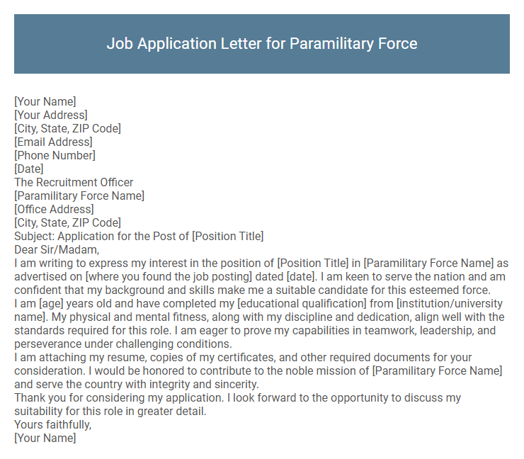 Job Application Letter for Paramilitary Force