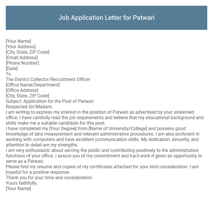Job Application Letter for Patwari