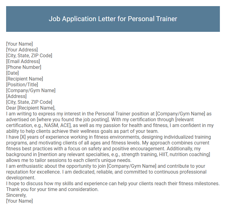 Job Application Letter for Personal Trainer