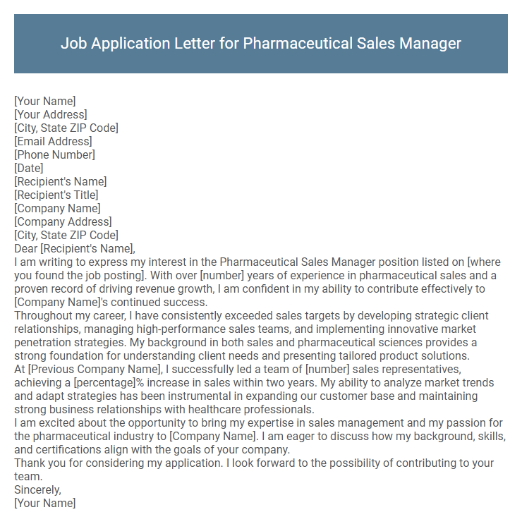 Job Application Letter for Pharmaceutical Sales Manager