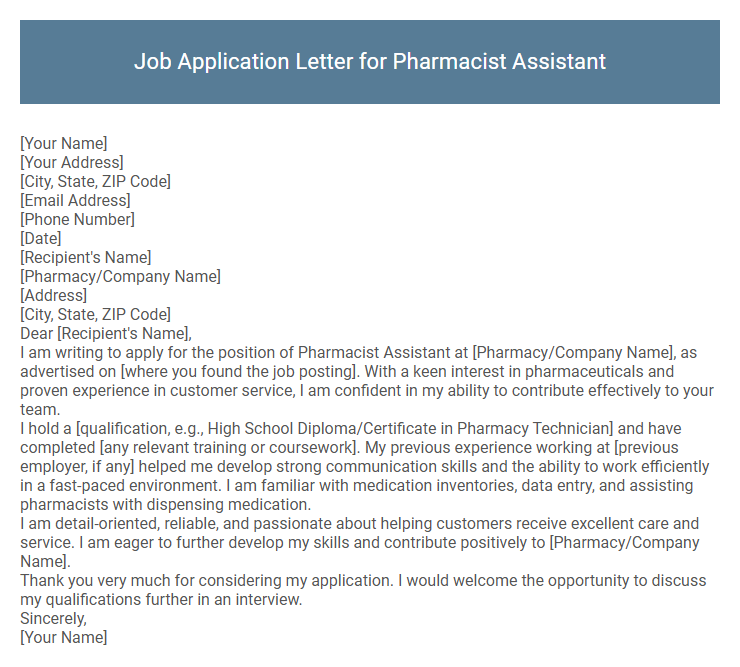 Job Application Letter for Pharmacist Assistant