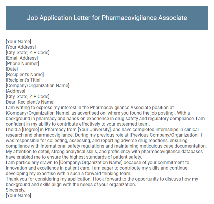 Job Application Letter for Pharmacovigilance Associate